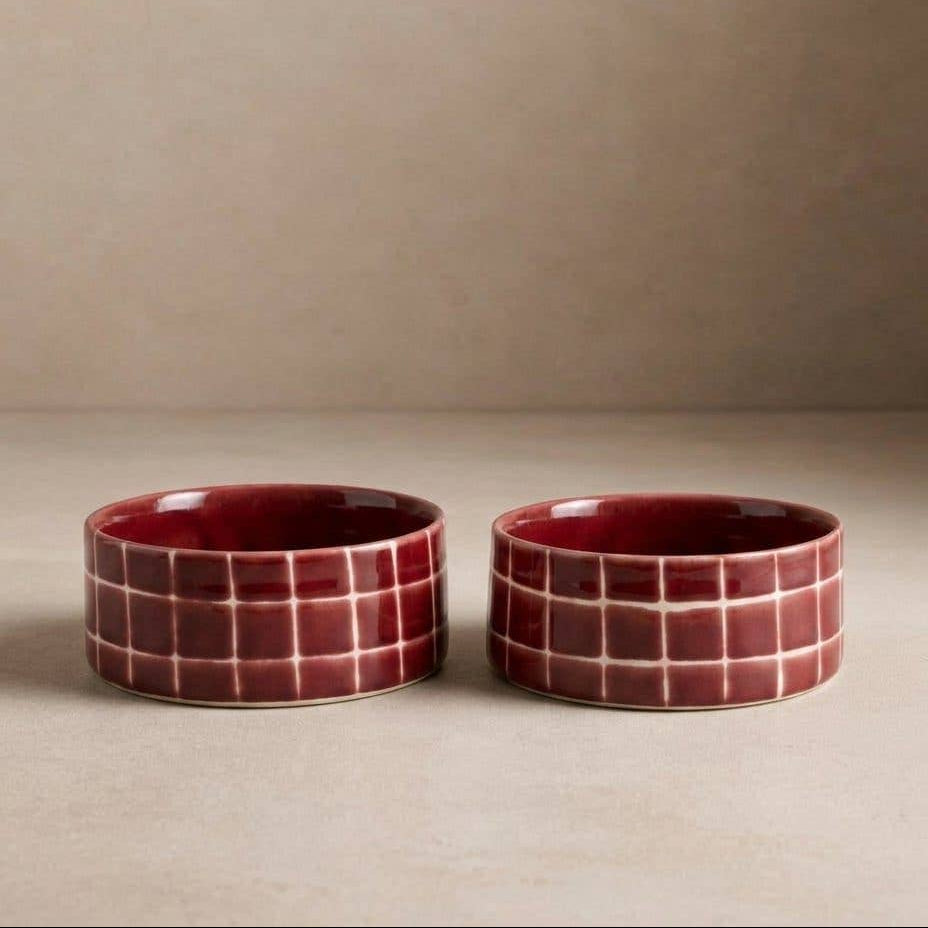Pool Stoneware Pet Bowl 16,5cm Burgundy 2 Pieces Set by Egg Back Home