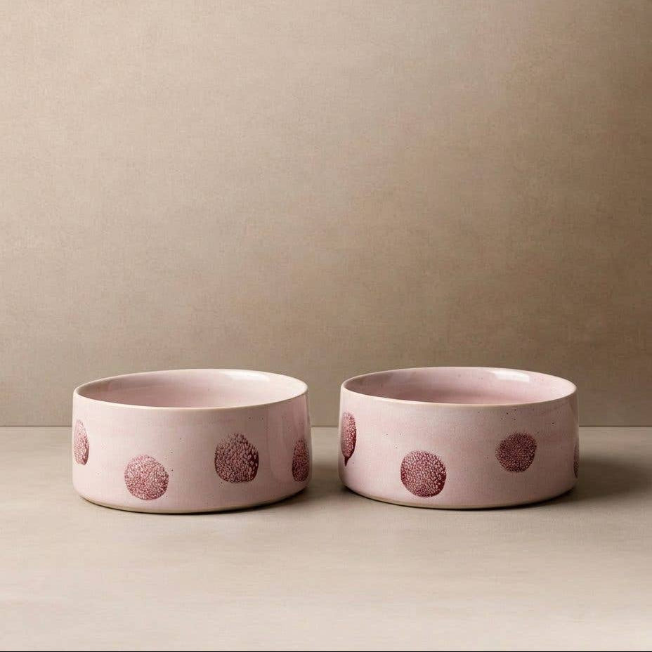 Pop Dots Stoneware Pet Bowl 14cm Pink 2 Pieces Set by Egg Back Home